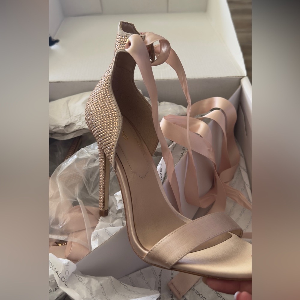 Aldo Crystal Embellished Satin Lace-Up Heels in Blush